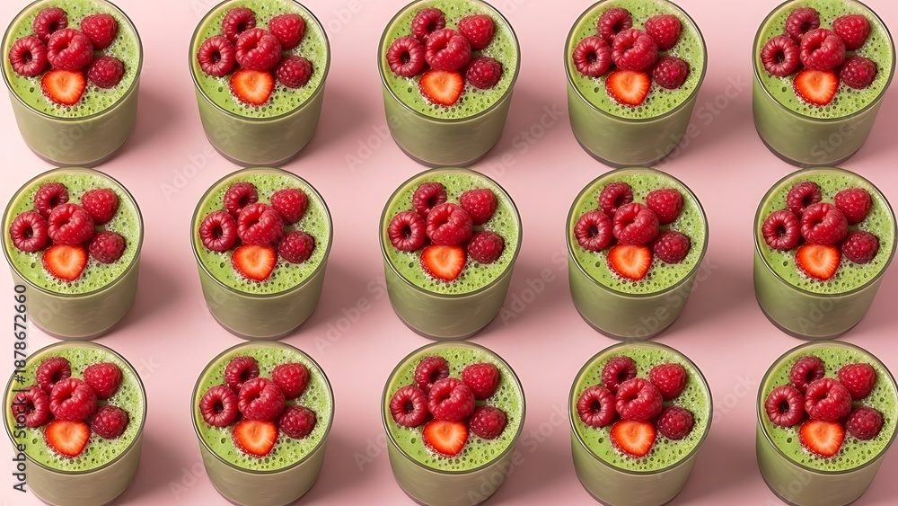 Fototapeta premium Array of matcha tarts with berries