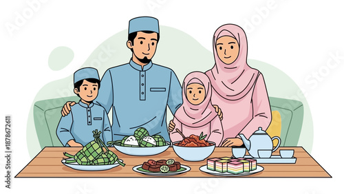 Happy Muslim family enjoying traditional meal together at home