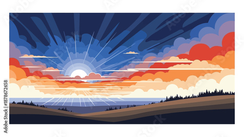 Striking vector illustration captures a dramatic sunrise or sunset over rolling hills with vibrant orange and red clouds illuminating a vast blue sky expanse