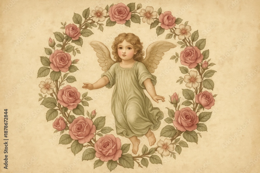 Fototapeta premium Vintage angel floral wreath background