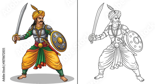 Indian Warrior Illustration Set with Vibrant Color and Traditional Black and White Versions