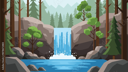 Serene natural landscape illustration featuring a vibrant blue waterfall cascading between large brown rocks into a calm pool surrounded by a dense, stylized pine forest environment