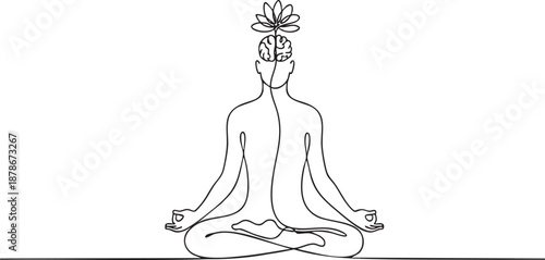 Continuous single line drawing of meditating person in lotus pose with blooming mind flower, minimalist vector art