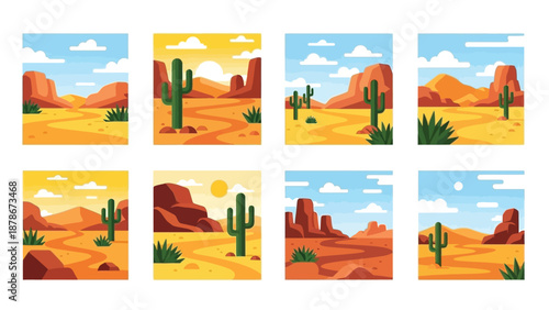 Collection of eight vibrant flat design desert landscapes featuring various arrangements of saguaro cactus plants, arid terrain, and stylized rock formations under bright skies