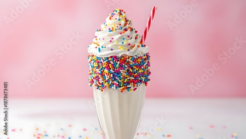 Vanilla milkshake with rainbow sprinkles, playful and colorful style