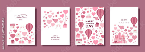 Valentines day cards. Cut lovely background for February 14. Love burgundy pink posters with hearts, gift boxes and hot air balloons. Romantic girly red banner. Vector illustration. Flat design.