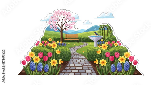 Idyllic spring garden scene featuring a stone pathway leading toward a wooden bench under a blooming cherry tree near a birdbath filled with water.