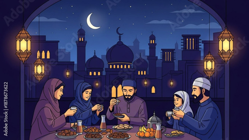 Muslim family celebrating Iftar meal together traditional Islamic city skyline with mosque and crescent moon at night festive Ramadan gather