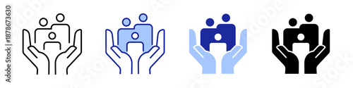 Caring hands holding a group of people icon for family, community support and inclusion. Four different style icon collection