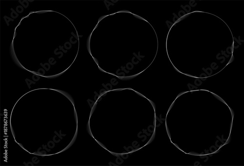 Line round spiral wave shapes, concentric geometric swirl. Round Wireframe Circle Frmaes. Full Vector Shapes on black background.