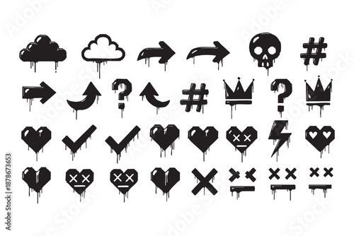 Graffiti Street Art Icon Set. Drip Effect Spray Paint Symbols, Hearts, Arrows, and Urban Elements
