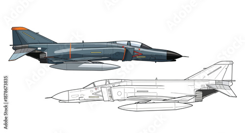 McDonnell Douglas F 4 Phantom II Technical Drawing Side Profile Aviation Blueprint Illustration
