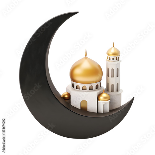 Ramadan kareem 3d illustration islamic mosque building minaret black crescent moon design element