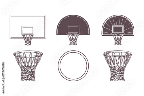 Basketball Hoop and Backboard Vector Collection. Minimalist Sports Equipment Icons and Goal Silhouettes for Tournament Brackets and Court Design