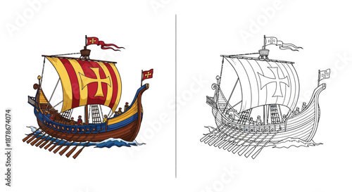Medieval Crusader Sailing Ship Illustration with Color and Graphite Sketch Comparison Graphic