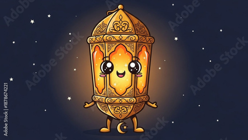 Cute cartoon Ramadan lantern with happy face glowing with warm light isolated on starry night background Islamic celebration concept