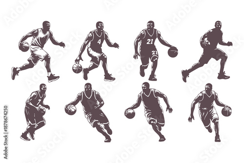 Basketball Player Dribbling Vector Set. Vintage Style Athletic Silhouettes and Sport Action Poses for Jersey Design and Team Branding