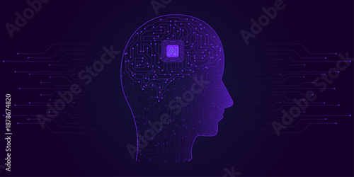 AI chip with light growth arrows and circuit elements. Artificial Intelligence background. AI innovation concept. Technology bg. Low poly wireframe vector illustration. Abstract digital polygonal art.