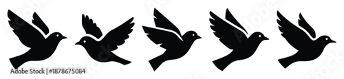 bird flying silhouette vector icon set, black color and white background