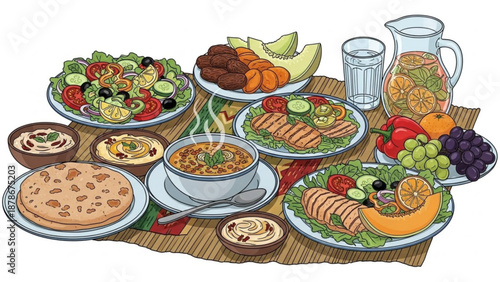 Abundant Mediterranean feast with grilled chicken hummus salad and soup perfect for culinary websites and healthy eating concepts