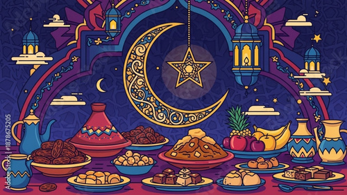Ramadan Iftar table with traditional food and Islamic decorations crescent moon and lanterns concept for celebration and hospitality