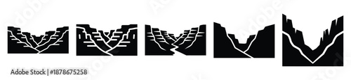 canyon valley silhouette vector icon set, black color and white background
