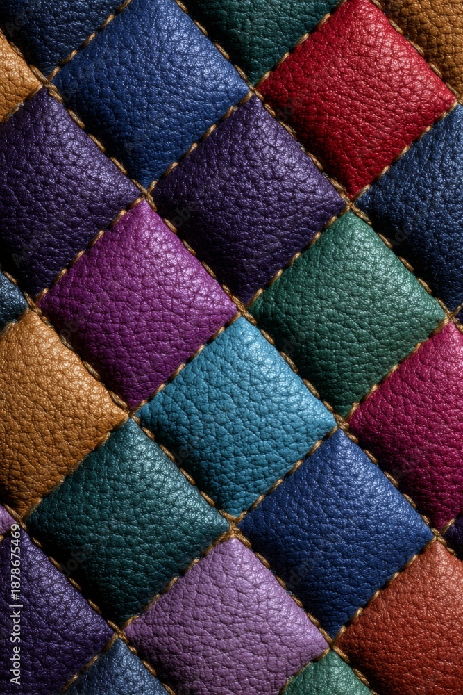 Obraz premium Quilted leather pattern in prismatic colors luxury texture geometric diamond shapes vibrant tactile stitched closeup colorful modern stylish design