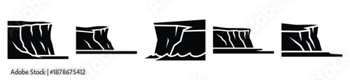 coastal cliff silhouette vector icon set, black color and white background