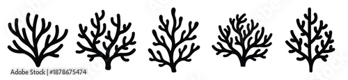 coral branch silhouette vector icon set, black color and white background