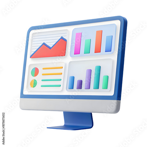 A 3D-rendered image of a computer monitor displaying various data analytics charts and graphs, including bar charts, pie charts, and line graphs.