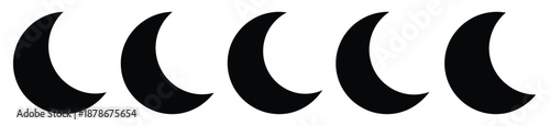 crescent moon silhouette vector icon set, black color and white background