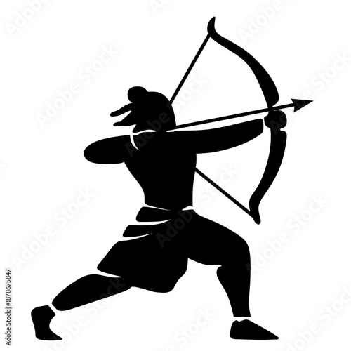 Ram Navami Silhouette Illustration of Lord Rama Standing with Bow and Arrow. Minimalist black silhouette depicting Lord Rama in a strong standing archery pose, drawing the bow with focus, balance, and
