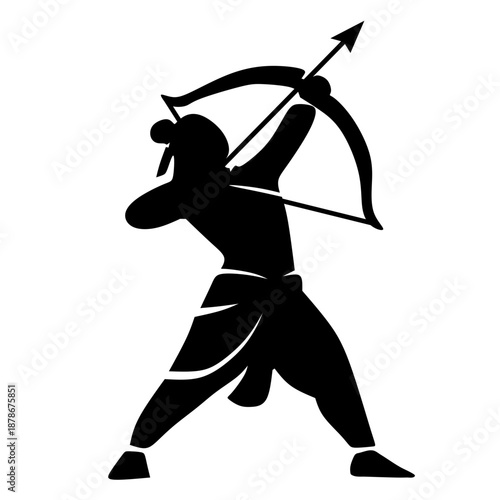 Ram Navami Silhouette Illustration of Lord Rama Standing with Bow and Arrow. Minimalist black silhouette depicting Lord Rama in a strong standing archery pose, drawing the bow with focus, balance, and