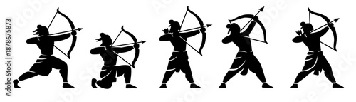 Ram Navami Archer Silhouette Vector Set Featuring Five Dynamic Bow and Arrow Poses. Minimalist black silhouettes inspired by Lord Rama symbolism, depicting powerful archer stances with varied postures