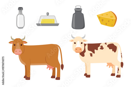 Farm animals illustration, dairy cows, milk bottle, butter dish, cheese icon, farm food, cartoon cows, flat vector