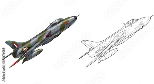 Tactical Military Jet Fighter Illustration including Full Color and Line Art Drawing Sets