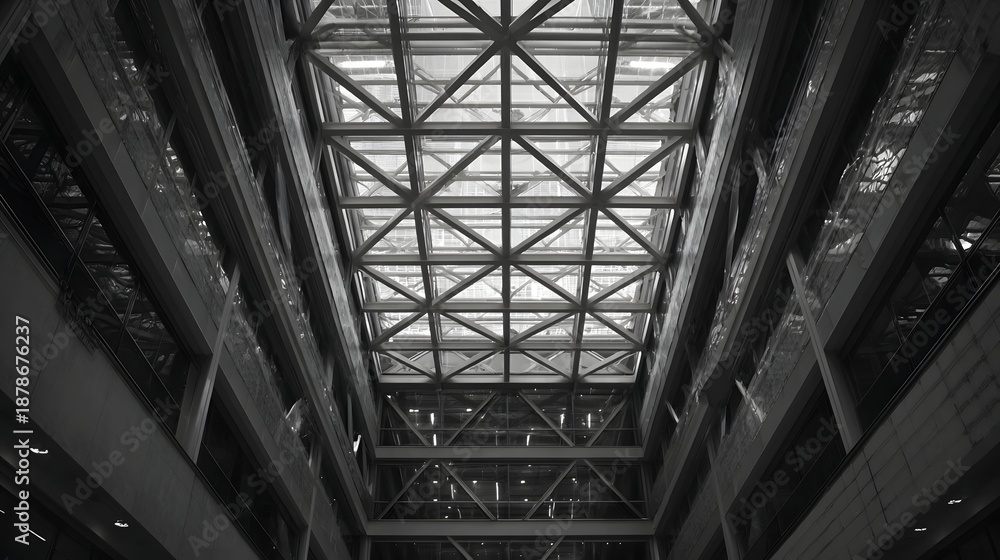 Obraz premium Modern building atrium with a geometric steel and glass roof structure