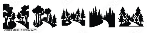 forest path silhouette vector icon set, black color and white background