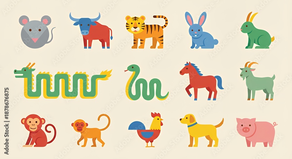 Obraz premium Asian culture twelve Chinese Zodiac animals icons flat vector illustration colorful set of twelve astrological signs and symbols Perfect Any Project.