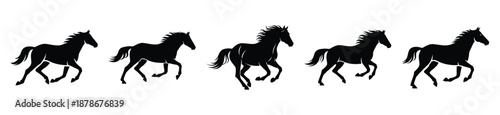 horse running silhouette vector icon set, black color and white background