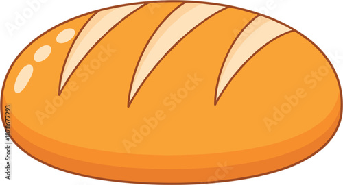 Cartoon loaf of bread illustration, artisan bakery food, golden crust design, fresh baked goods icon, flat vector illustration