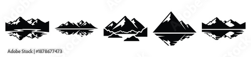 mountain lake silhouette vector icon set, black color and white background