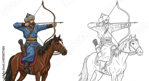 Traditional Mongol Horseman Archer Firing Bow and Arrow in Historical Combat Illustration