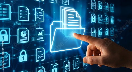 Digital file management system with hand accessing secure documents in a futuristic network structure cloud technology concept Perfect Any Project.
