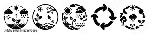 nature cycle silhouette vector icon set, black color and white background