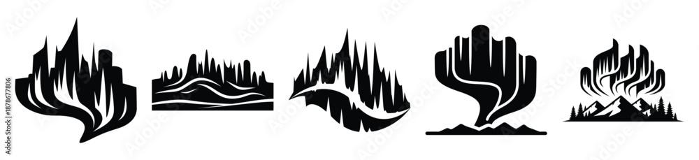 Φωτογραφία northern lights silhouette vector icon set, black color and white background