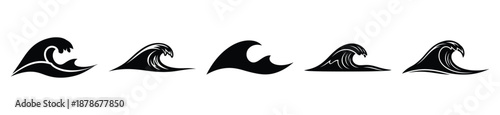 ocean wave silhouette vector icon set, black color and white background