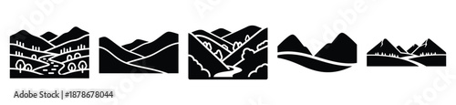 peaceful valley silhouette vector icon set, black color and white background