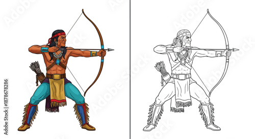 Native American Archer Illustration with Color and Black and White Artwork Comparison