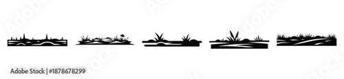 prairie land silhouette vector icon set, black color and white background